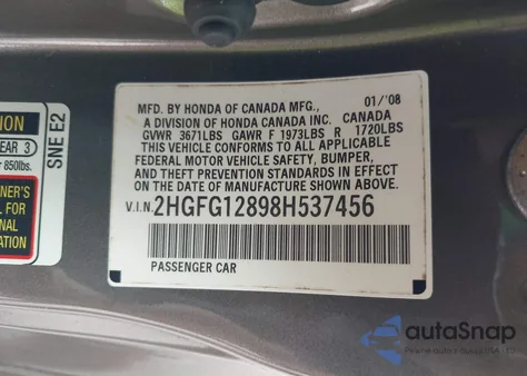 2008 Honda Civic Ex z USA, uszkodzony, nr VIN 2HGFG12898H537456